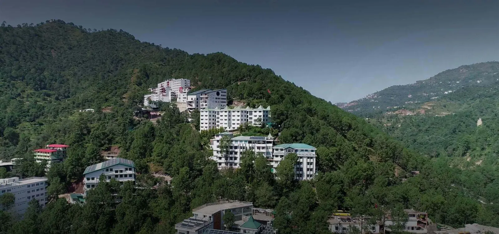 Aerial view of the hillside Shoolini University campus, Solan